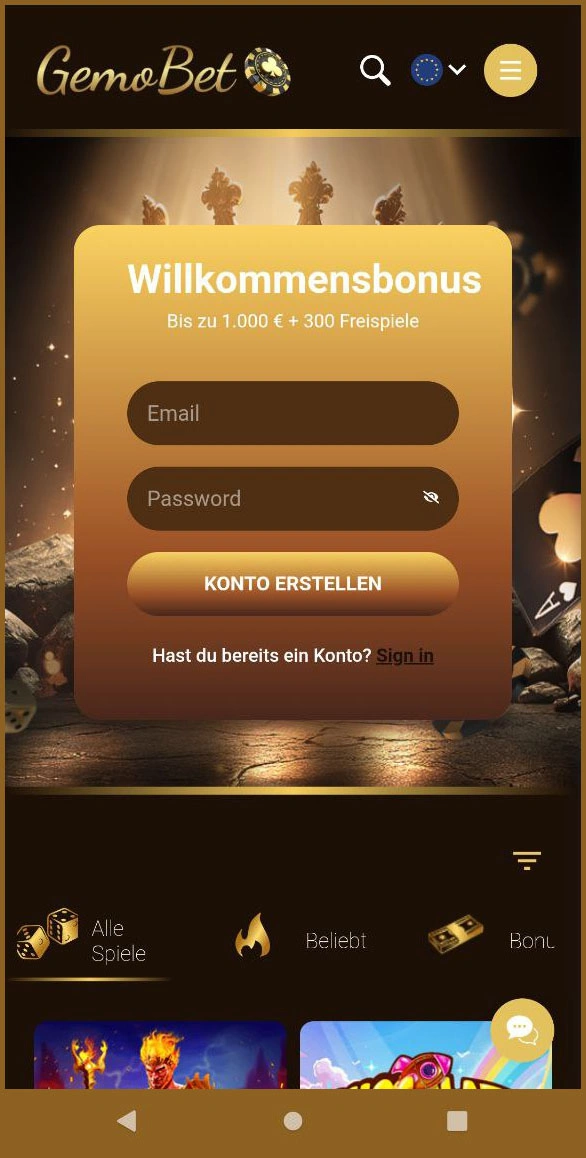Übersicht der Hauptseite im Gemobet Casino