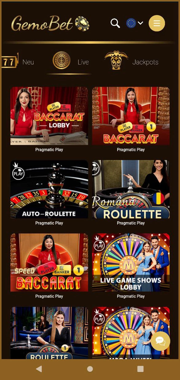 Hauptlobby des Live-Casinos bei Gemobet